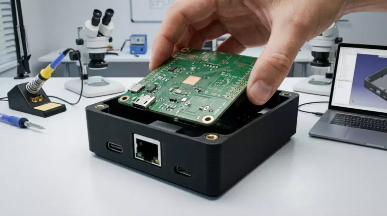 Montaż zielonej płytki PCB w czarnej, wydrukowanej w 3D obudowie